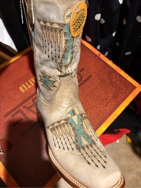 CORRAL Taupe Leather Heeled Boot with Turquoise Embroidery